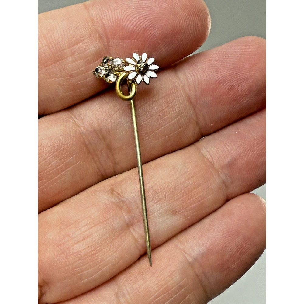 Antique Victorian Gold Filled Stick Pin White Enamel Flower Rhinestones Dainty - Picture 3 of 4